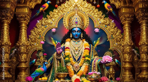 Fototapeta A richly detailed devotional artwork of Shrinathji, a form of Lord Krishna, depicted with a dark blue face and adorned in regal traditional attire. 