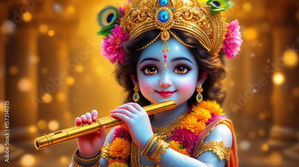 Fototapeta a high-resolution, divine digital painting of Lord Krishna as a child-like figure with a gentle smile, playing a golden flute. His skin should be a radiant bluish tone, with large expressive eyes.