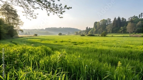 Obraz landscape with green grass and trees,field, grass, landscape, sky, meadow, green, nature, summer, agriculture, blue, wheat,