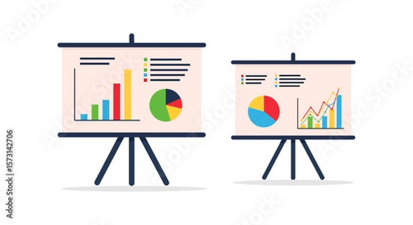 Fototapeta Flat vector illustration of business presentation charts on easels, including colorful bar charts, pie charts, and line graphs. Clean, minimal design, isolated on white background