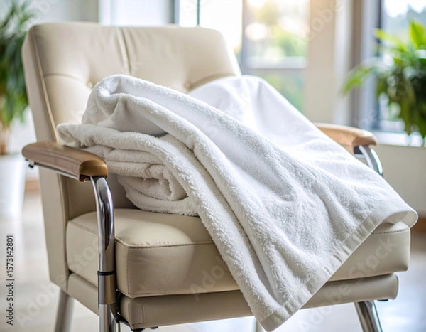 Fototapeta A close-up of a warm, comforting blanket draped over a generic medical armchair, signaling a patient-centered approach.