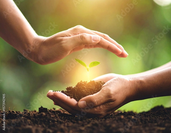 Fototapeta A stylized image of hands forming a protective arch over a small, glowing seed, symbolizing nurturing patient potential.