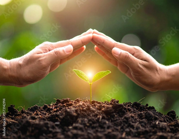 Fototapeta A stylized image of hands forming a protective arch over a small, glowing seed, symbolizing nurturing patient potential.