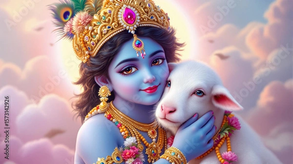 Fototapeta This heartwarming artwork portrays a divine child-like depiction of Lord Krishna tenderly embracing a white lamb. Krishna, with his signature blue complexion, wears an ornate golden crown adorned 
