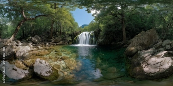 Fototapeta Waterfall adventure in nature hdr 360 degrees hdri experience