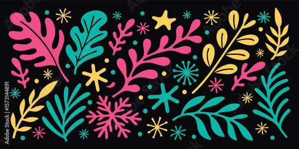 Fototapeta Hand drawn colorful abstract vector illustration. Matisse style leaves, flowers, and geometric shapes on black background. Modern folk art print design for textile, wallpaper, and decor projects.