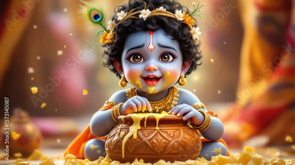 Fototapeta A hyper-realistic and heartwarming digital painting of baby Krishna, the Hindu deity, with 