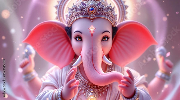 Fototapeta A divine, soft-glow 3D-style digital artwork of Lord Ganesha with a serene and compassionate expression. 