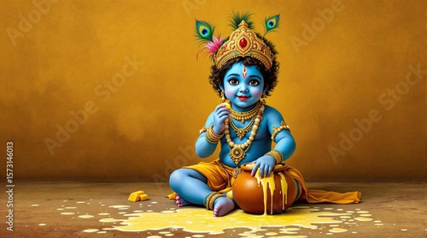 Fototapeta A highly detailed and traditional painting of baby Krishna mischievously eating butter from a clay pot. The divine child is depicted 