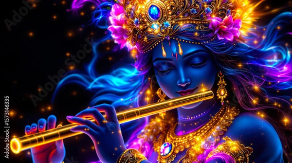 Fototapeta A glowing, neon-style digital artwork of Lord Krishna playing the flute. 