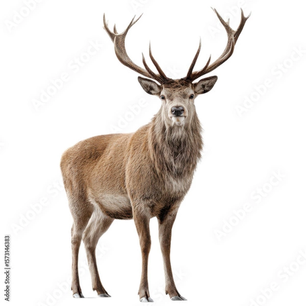 Fototapeta Deer stands in front of a white background with its antlers raised