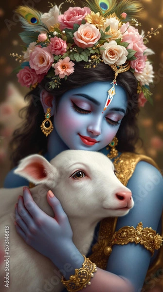 Fototapeta A tender and heartwarming digital artwork of Lord Krishna as a young divine figure, gently embracing a white calf. His serene blue complexion, adorned with golden jewelry 