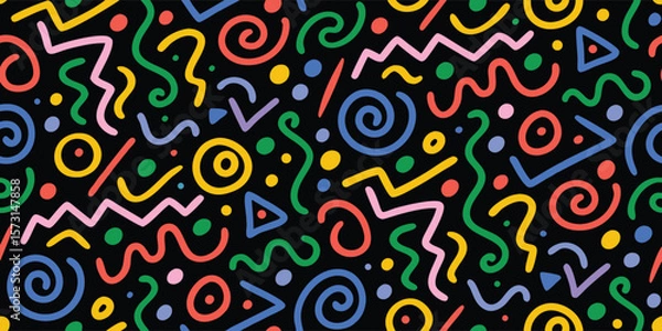 Fototapeta Retro 80s 90s memphis style seamless pattern. Abstract geometric background with colorful shapes, squiggles and lines. Nostalgic vector texture for fabric, wallpaper, and party decor.
