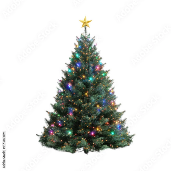 Fototapeta Christmas tree with a gold star on top and lights on it