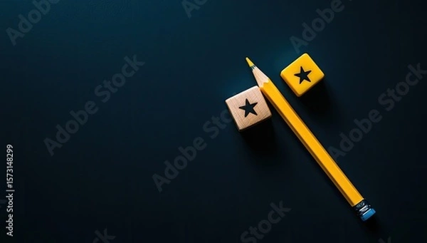 Fototapeta Yellow pencil balanced between two small wooden blocks, each with a star symbol, creating a percentage sign