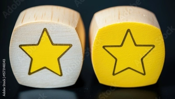 Fototapeta Two light-tan wooden cubes, each with a yellow star graphic