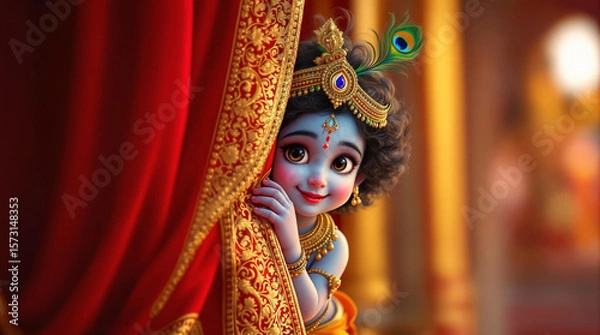 Fototapeta A highly detailed digital painting of child Lord Krishna peeking playfully from behind an ornate red and gold curtain. 