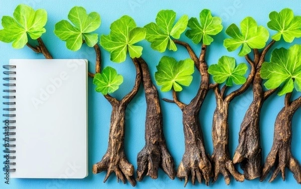 Fototapeta Small trees, blank notebook on blue