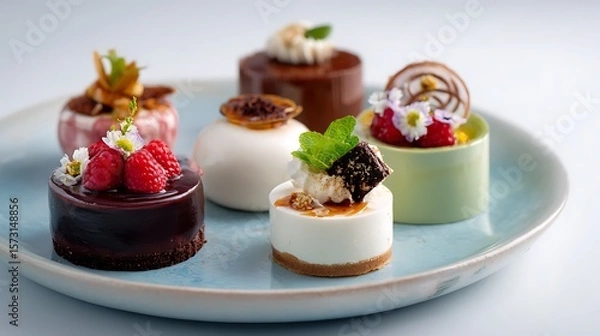 Fototapeta High-end food photography shoot featuring artistic plating of vegan desserts with studio lighting and white background in a stylized editorial style
