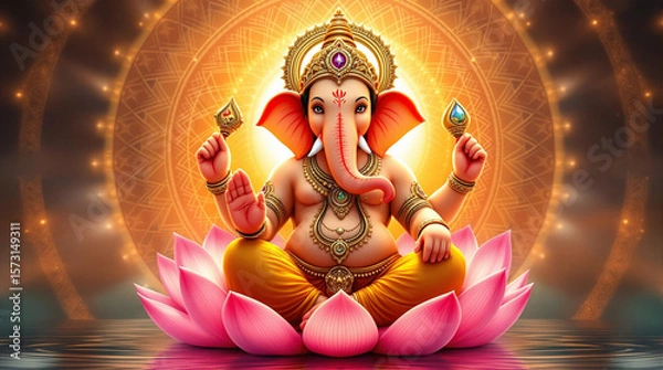 Fototapeta A highly detailed digital illustration of Lord Ganesha sitting on a pink lotus flower. He has an elephant head with a serene expression, 