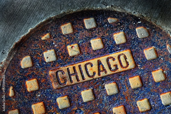 Obraz Old Manhole Cover in Chicago City on Street with Texture Worn and Weathered