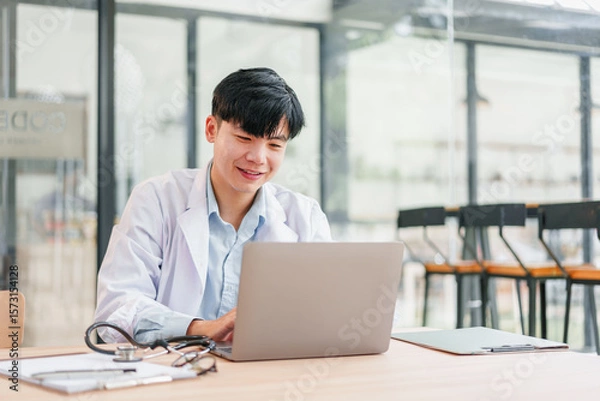 Fototapeta Young male doctor wearing white coat working on laptop in modern office, smiling and focused, with stethoscope and clipboard on desk, natural light from large windows