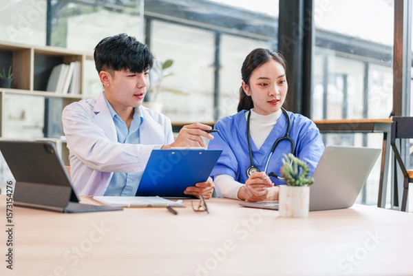 Fototapeta Two healthcare professionals, one male and one female, wearing medical uniforms, discuss patient information with clipboard and laptop in modern office, showing teamwork and focus