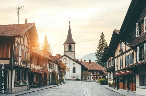 Fototapeta Quaint European village street at sunrise