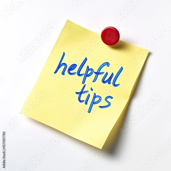Fototapeta Yellow sticky note with red magnet, "helpful tips" written in blue