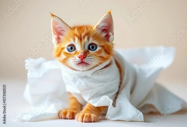 Obraz Playful orange kitten, wide-eyed, wrapped in toilet paper, clean studio background,  curious,  toilet paper