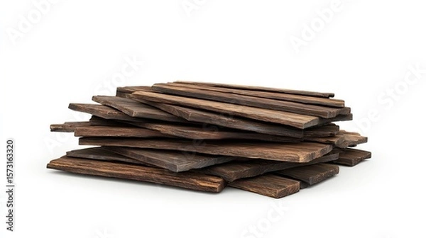 Fototapeta Stacked rough cut planks of wood with visible grain and dark edges against a black background in studio shot