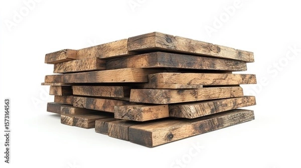 Fototapeta Stacked rough cut planks of wood with visible grain and dark edges against a black background in studio shot