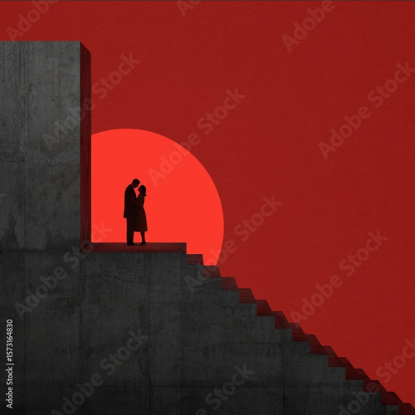 Fototapeta Silhouette of couple, concrete staircase, red background. Connection, romance, love, separation illustration. Geometric composition, minimalistic graphic design. Urban art, visual storytelling, 3D