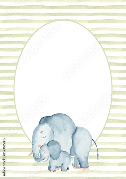 Fototapeta Watercolor card template with Elephant family on a green stripes background. Circular frame with horizontal Lines or Brush Strokes in simple style. For kid baby shower invitations, nursery posters