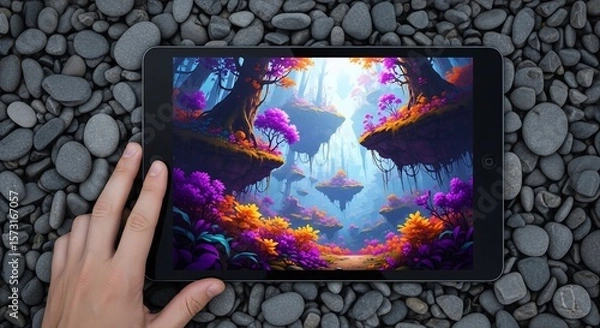 Fototapeta Tablet Displaying Vibrant Fantasy Landscape on Pebble Background with Hand