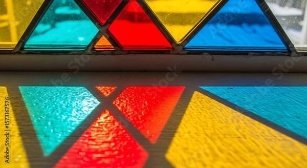 Fototapeta Triangular Stained Glass Window Casting Colorful Shadows on Surface