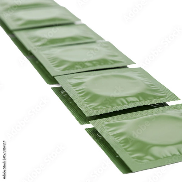 Fototapeta Row of packaged condoms in eco-friendly green packaging on transparent background