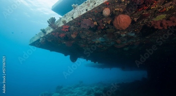 Fototapeta Underwater Concrete Structure Encrusted with Colorful Marine Life in Clear Blue Ocean