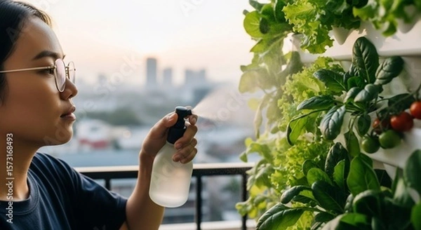 Fototapeta Urban Gardener Spritzing Lettuce and Spinach on Balcony with Cityscape View