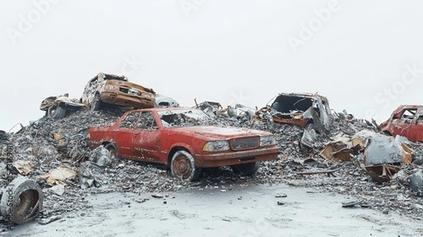 Fototapeta A chaotic car dump with heaps of old, damaged vehicles, highlighting the grim reality of automotive waste.