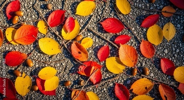 Fototapeta Vibrant Autumn Leaves and Acorns on Textured Asphalt Surface in Sunlight