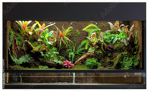Fototapeta tropikalne terrarium lub paludarium dla zwierząt z lasu deszczowego, takich jak trujące strzałki lub żaby drzewne.