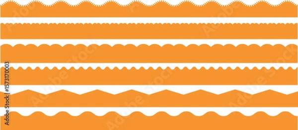 Fototapeta Scalloped edge seamless set. borders and dividers. Simple scalloped border. Repeat cute vintage frill ornament. Texture ribbons. Vector illustration isolated on white background.
