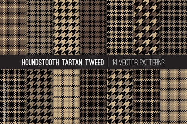 Obraz Brown Houndstooth Tartan Tweed Vector Patterns. Men's Fall or Winter Fashion. Father's Day Background. Traditional Formal Dogs-tooth Check Fabric Textures. Pattern Tile Swatches Included