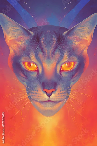 Obraz Colorful digital artwork of a cat with striking orange eyes against a vivid background