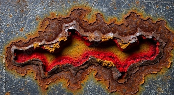 Fototapeta Vivid Rust Formation: A Macro View of Oxidized Metal Texture with Red and Yellow Deposits
