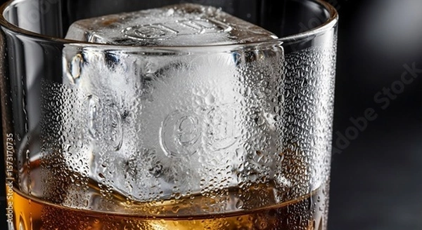 Fototapeta Whiskey Glass with Large Ice Cube and Condensation, Close-Up Shot