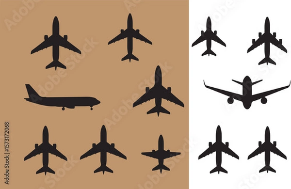 Fototapeta Set of vector airplane silhouettes showcasing various aircraft views for design purposes