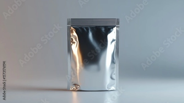 Fototapeta A shiny, silver packet sits unopened on a dark table surface, reflecting soft light in the background, creating an intriguing visual contrast