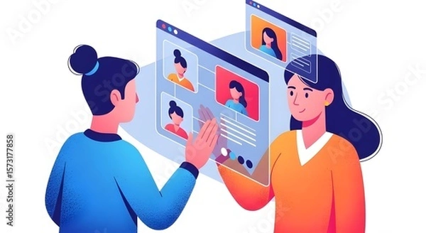 Fototapeta Two people collaborate, reviewing candidates on digital screens in a recruitment or hiring process, showing teamwork